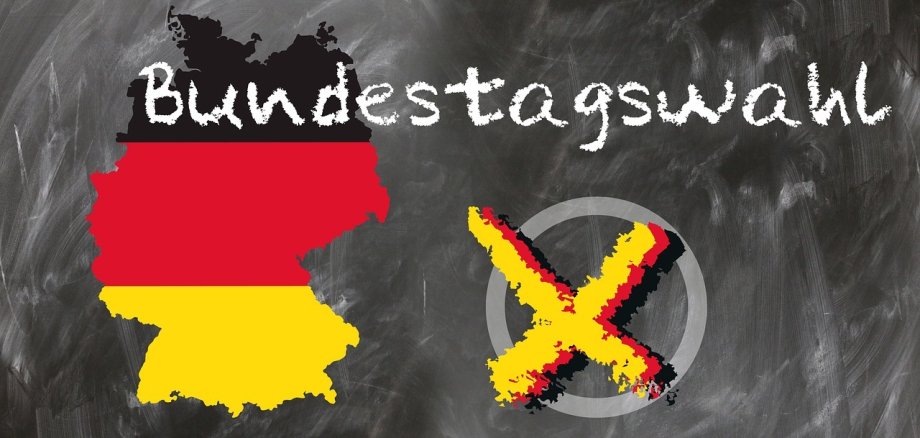 Animation zur Bundestagswahl, Deutschland mit schwarz, rot, gold, daneben angekreuzter Kreis