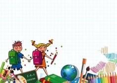 gezeichnete Schulkinder, Junge und Mädchen Hand in Hand, diverse Schulutensilien